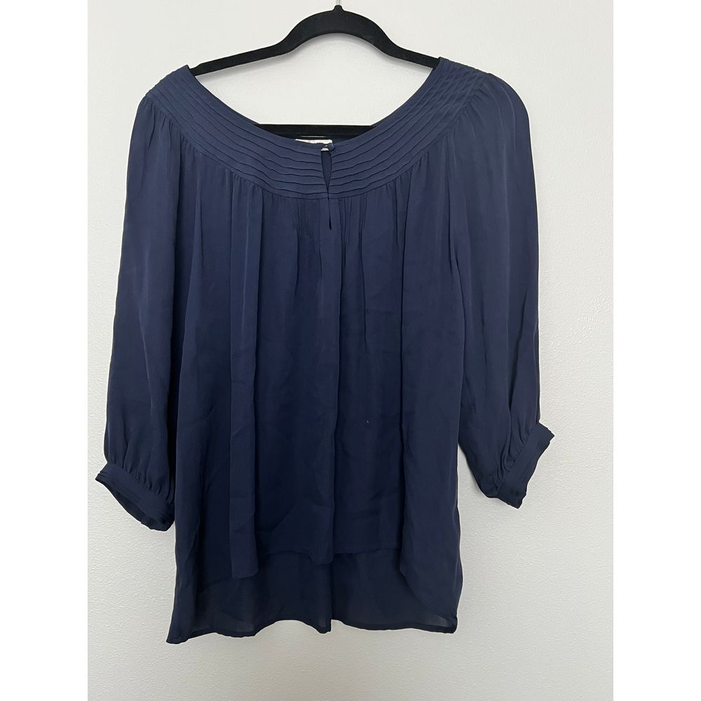 Navy Blue Pleated Long Sleeve‎ Blouse Elegant Office Work Wear Top Size XS